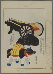 Japansk legetøj, fra Unai no tomo (A Childs Friends) af Shimizu Seifu, 1891-1923. Okser og vogn.